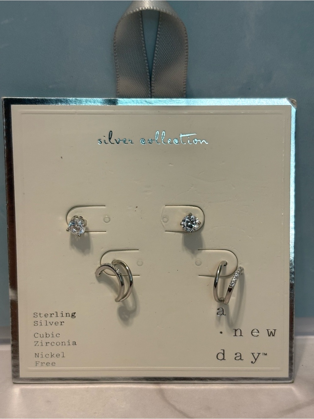 a new day Silver Cubic Zirconia Studs and Hoop Earring Set
